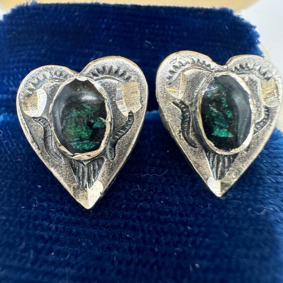 Sterling Jewelry - Vintage sterling silver handmade green resin cabochons hearts post earrings